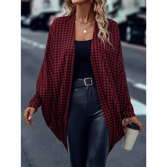 Houndstooth Batwing Sleeve Open Front Coat cardigan black white - Picture 5 of 5